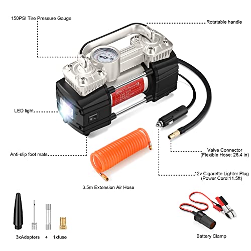 GSPSCN Silver Dual Cylinder 12V Air Compressor Pump for Car, Heavy Duty