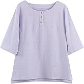 Minibee Women's 3/4 Sleeve Cotton Linen Jacquard Blouses Top T-Shirt