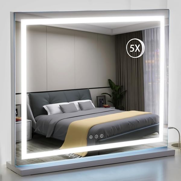HIEEY LIGHTED MAKEUP MIRROR, 18.1″ X 22.8″ HOLLYWOOD VANITY MIRROR WITH LIGHTS, THREE COLOR LIGHTING MODES, WITH 5X MAGNIFICATION MIRROR, SMART TOUCH CONTROL, 360°ROTATION (WHITE)