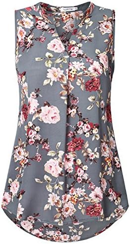 Women's Henley V Neck Sleeveless Curved Hem Chiffon Blouse Shirts Tank Tops