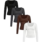 SOLY HUX Girl's 4 Piece T Shirt Square Neck Long Sleeve Ruched Tee Slim Fit Fall Tops