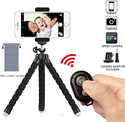 Phone Tripod, Flexible Mini Phone Stand with Bluetooth Camera Remote, Portable and Adjustable Camera Stand Holder with Remote and Universal Clip for iPhone, Android Phone, Camera, Sports Camera
