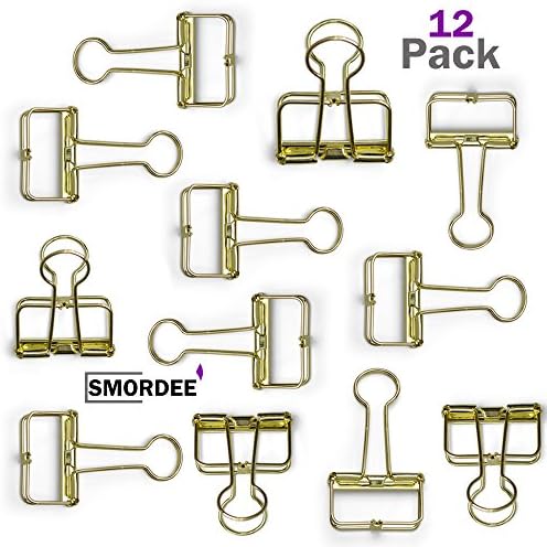 Hollow Wire Binder Clips, Medium Size | Strong Gold Metal Clamp For Art Display, DIY Projects, Home & Office Use | Multipurpose 12-Pack Supply To Organize Your Journals, Work Notes & School Papers