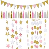 Party Decoration Supplies,Gold & Pink & White Color Vintage Style Pennant Banner,Gold & Pink & White Twinkle Star Banners,Gold & Pink & White Polka Dot Banners,Tissue Tassel Garland for Party Supplies