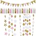 Party Decoration Supplies,Gold & Pink & White Color Vintage Style Pennant Banner,Gold & Pink & White Twinkle Star Banners,Gold & Pink & White Polka Dot Banners,Tissue Tassel Garland for Party Supplies