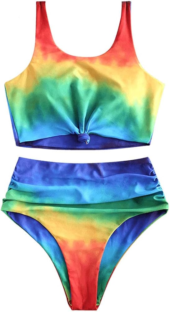 ZAFUL Tie Dye Knot Swimwear Ruched High Waisted Tankini Tank Top Swimsuit Rainbow Bikini