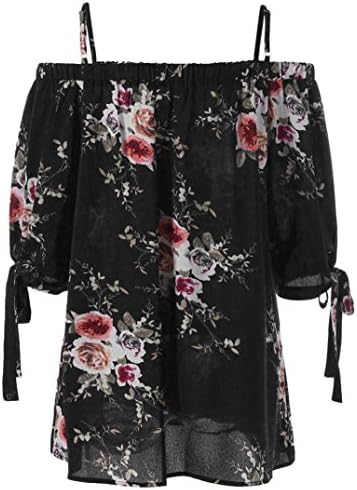 Women Blouse, CieKen Office/Casual Off Shoulder 3/4 Sleeve Cold Shoulder Cuffed Floral Print Camis Tops Shirt Plus Size (Black, 3X-Large)