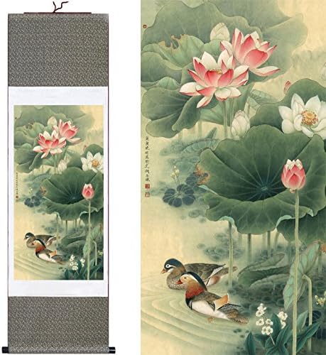 MODEBESO(TM) Silk Chinese Painting Lotus & Mandarin Duck Home Decorate Calligraphy Scroll Hanging Art Gift (H40" X W12") 40017
