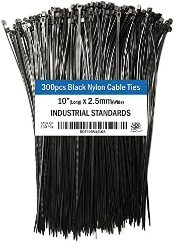 Aroma Trees 10 Inch 300 Pcs Heavy Duty Zip Ties Black Nylon Cable Ties Certified for Office and Home Use for Organizing Cables and Objects, Highly Durable Strong