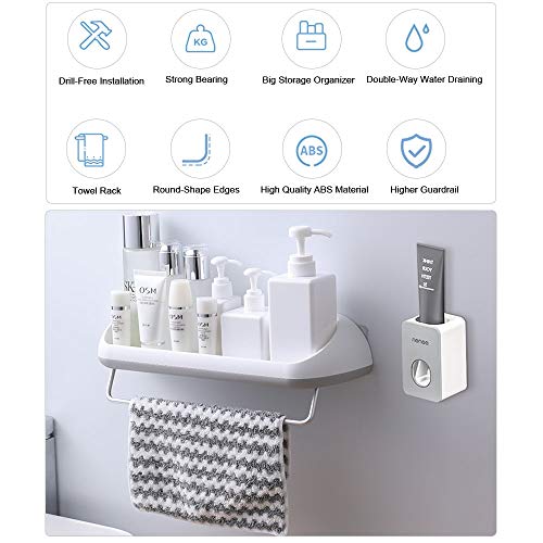 BHeadCat Wall Mounted Shower Caddy, Bathroom Shelf with Automatic Toothpaste Dispenser Squeezer Drill-Free Large Storage Organizer Shelves with Towel Holder