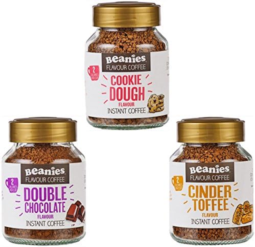 3x Beanies Flavored Instant Coffee Jars: Double Chocolate, Cinder Toffee & Cookie Dough