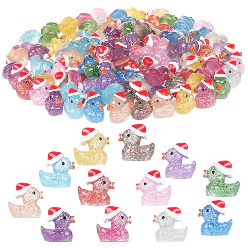 GliSun 120 Pack Christmas Mini Glitter Ducks 12 Colors Tiny Small Little Resin Ducks for Miniature Dollhouse Decor Accessories Garden Aquarium Potted Ornament DIY Charms Party Hide and Seek Prank