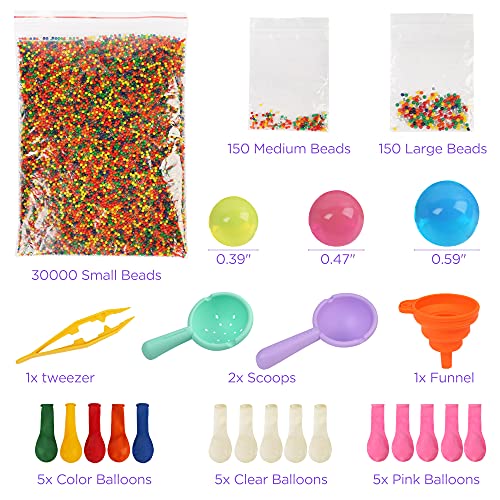 LotFancy Water Beads and Sensory Toys Kit (30000 Small /150 Medium/ 150 Large Water Pearls), Kids Non Toxic Gel Beads Gel Ball with 15 Balloons, 4 Tools for Fine Motor Skill Development, Mixed Color