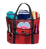 Dejaroo Mesh Beach Bag - Toy Tote Bag - Large Lightweight Market, Grocery & Picnic Tote with Oversized Pockets (Red with Black Handles)