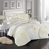 Chic Home 7 Piece Belinda Oversize Filled Floral and Rose Pleated Etched Applique Comforter Set, Queen, Beige