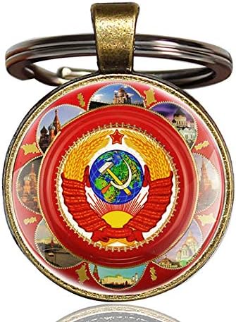 Vintage USSR Soviet Badges Sickle Hammer Art Glass Cabochon Key Chains Bronze Pendant CCCP Russia Emblem Communism Men Women