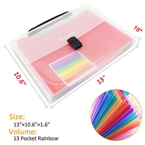 Accordion Folder File Organizer 13 Pockets Expanding A4/Size Letter Paper Multi-Colour Large Capacity Portable Box Document Stand Bag -Bonus Labels for Office, Business, Study