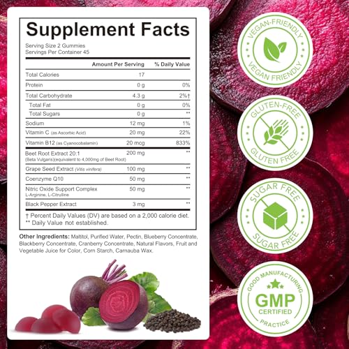 Beet Root Gummies for Blood Pressure, Nitric Oxide Booster, Heart Health, Energy Level Suport | with CoQ10 & 20:1 Beet Root Extract, Grapeseed Extract, Vitamin B12/C, Sugar-Free | 90 Chews