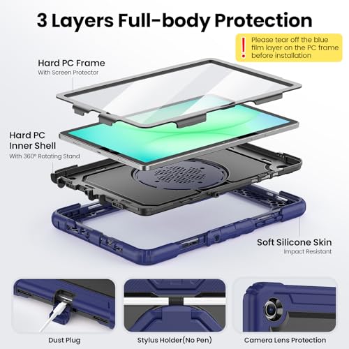 Sanyetral Galaxy Tab A11+ Case, Heavy Duty Case for Samsung Galaxy Tab A11 Plus/A9 Plus 11'' 2025/2023, with Screen Protector, 360 Rotating Stand and Pencil Holder (Black + Navy Blue)