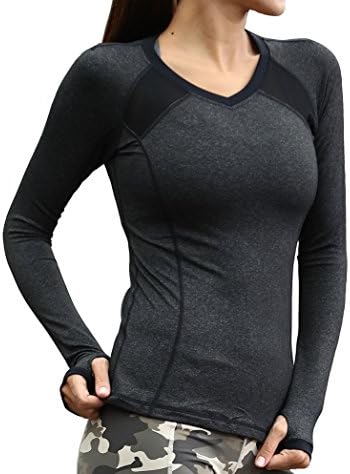 Hencu Active Women's Long Sleeve Seamless Dye V-Neck Running Tee Shirt (S, Grey)
