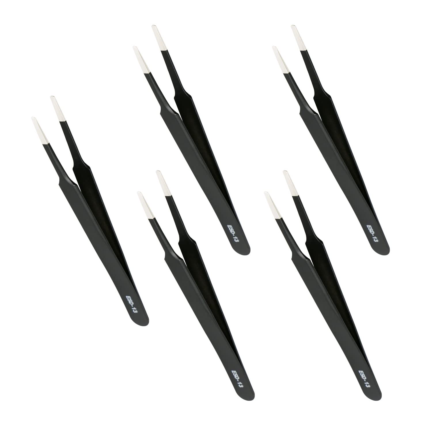 Aopin 5pcs ESD-13 in Bags Anti-Static Precision Tweezers, Anti-Static Multi-Function, Polished Edges Corners Suitable for Electronic Repair, Laboratory Operation, Jewelry Making Process, Black,