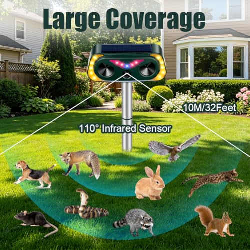 AYESY Ultrasónico Repelene de Animales, Repelente Gatos Solar con Luz LED Ahuyentador Gatos Perros Roedores, Resistente al Agua para Jardín Patio Granja Recargable Sensor Infrarrojo sin Dañar Animales