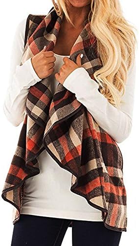 Womens Waistcoat Duseedik Vest Plaid Sleeveless Lapel Open Front Cardigan Sherpa Jacket Pockets Coat