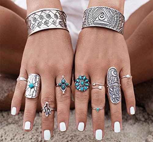 JUNTING Punk Ring Vintage Retro Silver Womens Geometry Finger Rings Boho Style 9PCS/Set Adjustable (Not All )