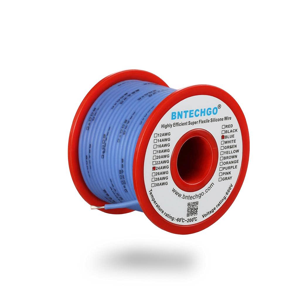 BNTECHGO 24 Gauge Silicone Wire Spool Blue 50 ft Ultra Flexible High Temp 200 deg C 600V 24 AWG Silicone Rubber Wire 40 Strands of Tinned Copper Wire Stranded Wire for Model Low Impedance