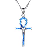 LUHE Ankh Cross Necklace Sterling Silver Cross Pendant Opal Ankh Jewelry for Women Religious Jewelry Christian Gifts