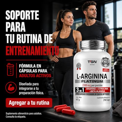 Arginina Platinum 2100mg por porción | L Arginina + L Citrulina + Beta Alanina | Pre Workout | Pre Entreno sin Cafeina | Precursor de Oxido Nítrico | Rendimiento y Energia | Testrol TSN (210 Cápsulas).