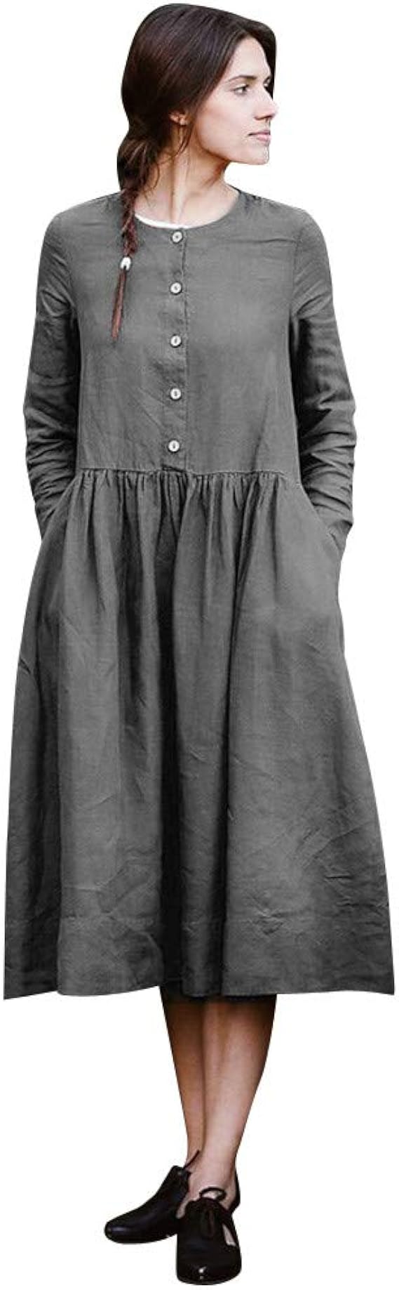Amazon Co Jp ドレス 女性 三番目の店 レディース カジュアル ボタン ロングスリーブ 長袖 ルーズ ソリッド たぶたぶ バギーボトムドレス スカート 服 ファッション小物