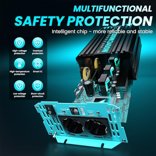 SUDOKEJI 1200W/2400W Pure Sine Wave Inverter, 12V-230V Converter with LCD Control, USB/Type-C Ports and 2 EU Outlets for Solar, Vehicles and Motorhomes