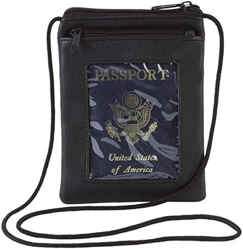Leather Transparent Window Passport Cover w/ Neck Strap, Mens Travel Card Wallet
