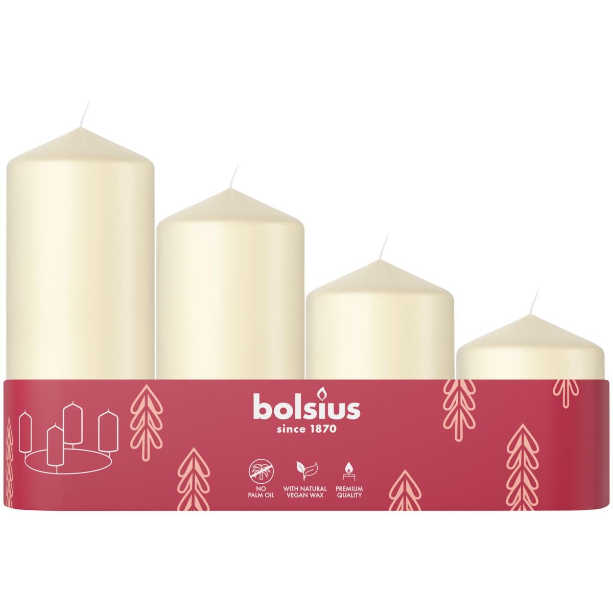 Bolsius Smooth Pillar Candles - Set of 4 - Advent - Ivory - Various Sizes 12-10-8-6 cm- Decorative Household Candles - Long Burning Time - Unscented - with Natural Plant Wax - Without Palm Oil - Ø48mm