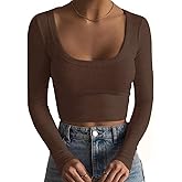 Artfish Women's Square Neck Long Sleeve Ribbed Slim Fitted Casual Basic Crop Top