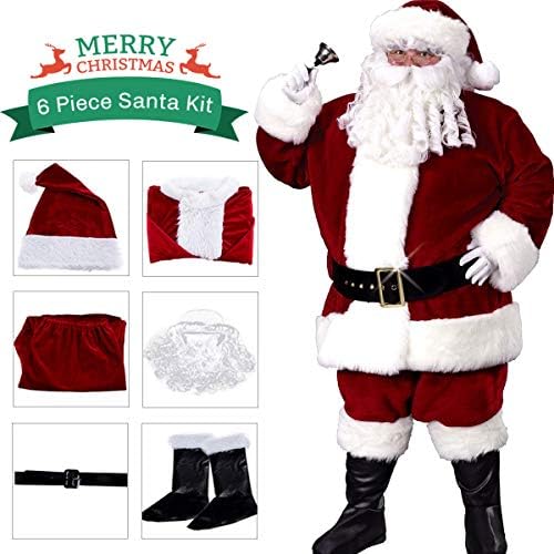 Santa Claus Costume Christmas Flannel Deluxe Santa Suit Complete Christmas Halloween Costume Set (Wine)
