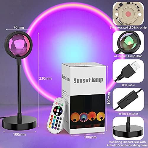 Sunset Lamp Projector 16 Colors Changing COB LED Sun Light 360 Degree Bend Rainbow Projection USB Night Light with Remote Control for Photography Selfie Living Room Home Bedroom Wall Decor
