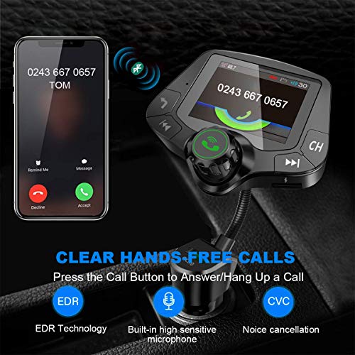 VR-robot Bluetooth FM Transmitter for car, Wireless Radio Adapter Hands-Free 2'' Color Display, with QC3.0 Fast Charging, 6 EQ Mode, AUX Input/Output, 3 USB Ports Charger, TF Card U-Disk Music Player