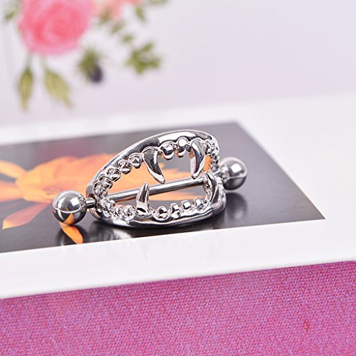 SunniMix 2 Pairs Punk Gothic Skeleton Shield Nipple Ring Stainless Seel Teeth Head Halloween 14g 18g