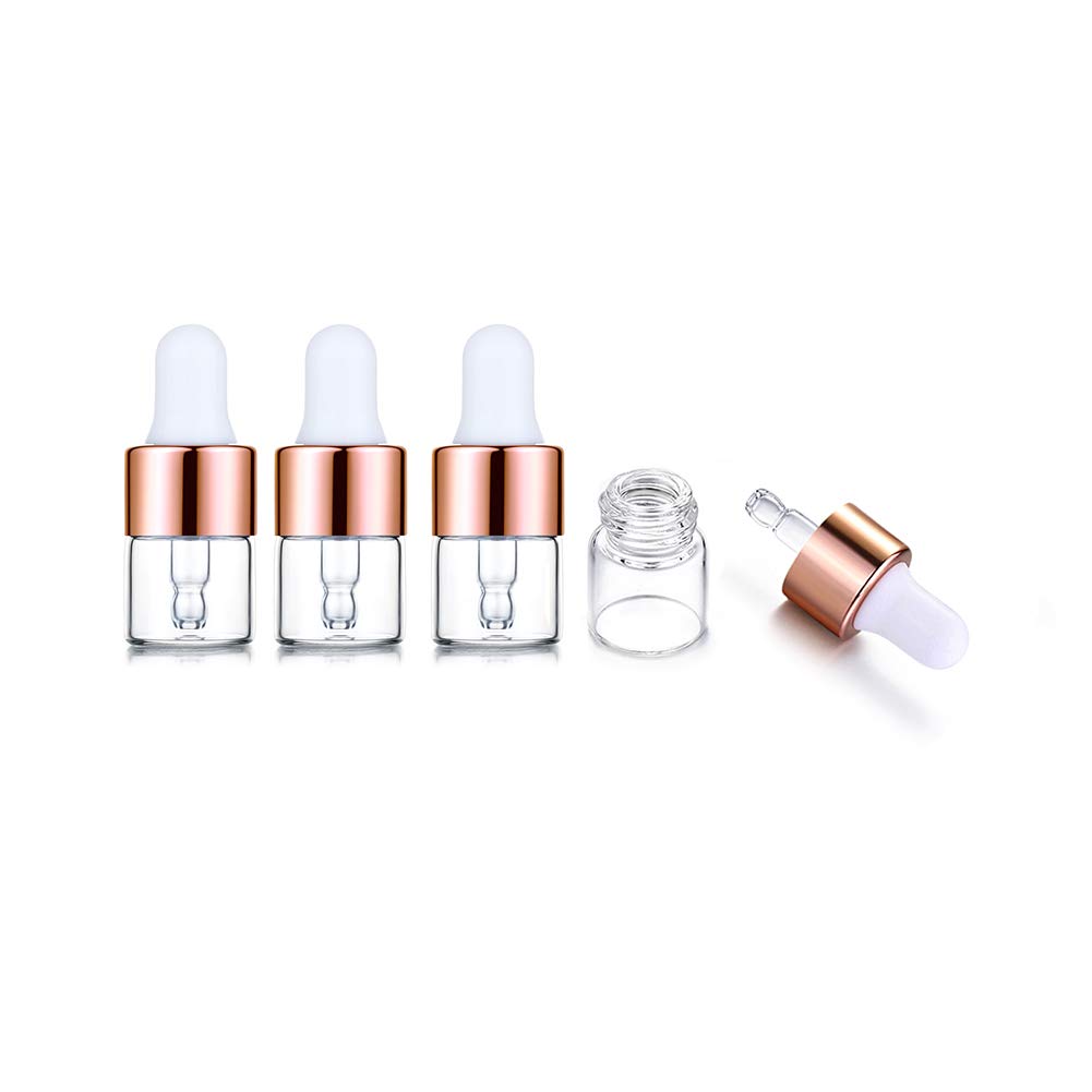 Photo 1 of 30 Pcs Clear Glass Dropper Bottles Essential Oil Sample Bottles Perfume Vials Liquid Cosmetic Containers Glass Eye Dropper Bottles With Rose Gold Lids (1ml)