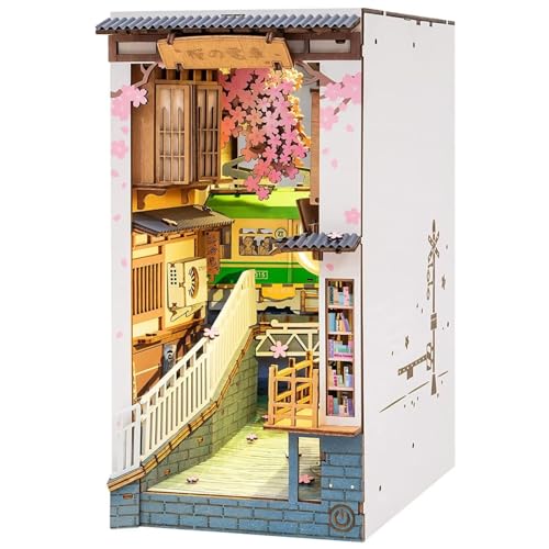 Rolife Sakura Densya DIY Book Nook Model Kit Miniature House Building DIY Model Adult Bookcase Decoration Book Living Room Booknook Puzzle 3D Wood Bookends Diorama (TGB01)