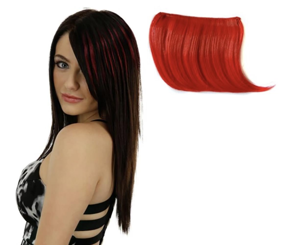 Clip In Human Hair Synthetic Short Side Sweep Fringe Rainbow Colourful Bang (Red) — image 1