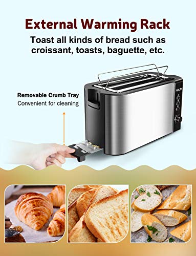 HoLife 4 Slice Long Slot Toaster Best Rated Prime, Stainless Steel Bread Toasters with Warming Rack, 6 Bread Shade Settings, Defrost/Reheat/Cancel Function, Extra Wide Slots, Removable Crumb Tray