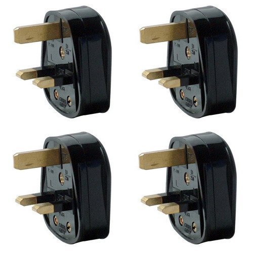 Pack of 4 UK 3 Pin 13A Fused Mains Plugs - Black
