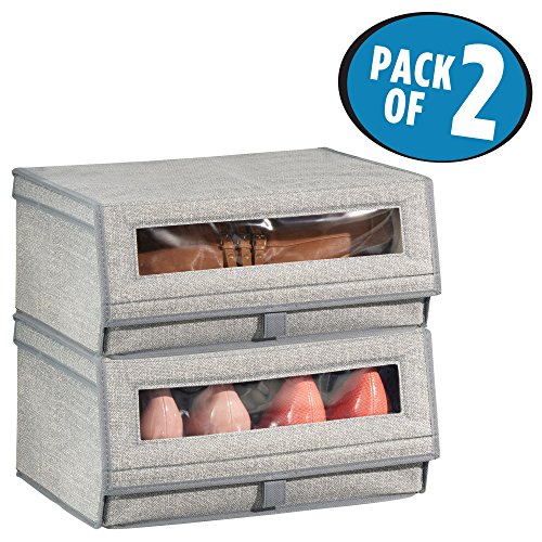 mDesign Fabric Storage Box for Shoes, Boots, Pumps, Sandals, Flats with a Clear Window and Hinged Lid for Closet Storage – Pack of 2, Large, Gray