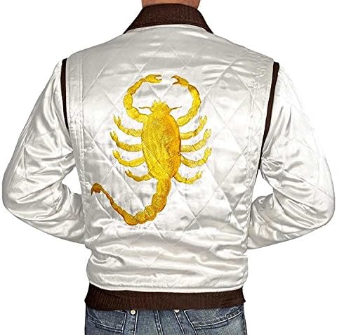 ZARAR Drive Jacket Gosling Men's Ivory White Quilted Style Golden Scorpio Logo Satin Bomber Jacket Costume (M, Ivory)