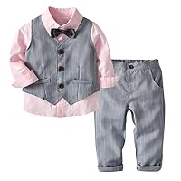 Kid Boy Formal Suit Long Sleeve Shirt with Bow Tie + Waistcoat + Long Pants 3Pcs (Pink + Grey, 3-4T)