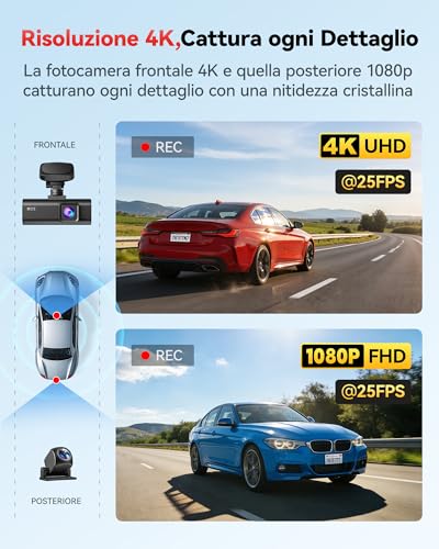 REDTIGER F7N-N Dash Cam Auto 4K Fronte e Retro, WiFi 5.8GHz 20MB/s con APP, Dashcam 2160P/FHD GPS Preciso, WDR, Schermo 3.18", Visione Notturna, Monitor Parcheggio 24H (Senza Scheda)