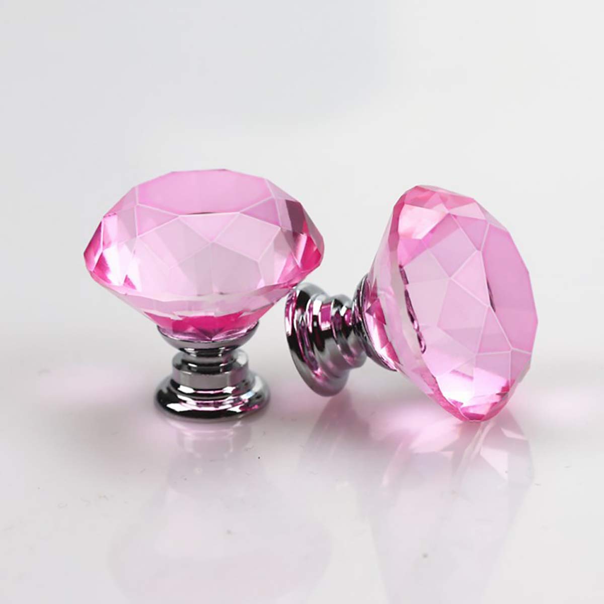 2PCS 40mm Crystal Glass Door Knobs Clear Diamond Pull Handle Aluminium Alloy with Screw for Drawer Cabinet Furniture Kitchen Home Decorating (Pink)